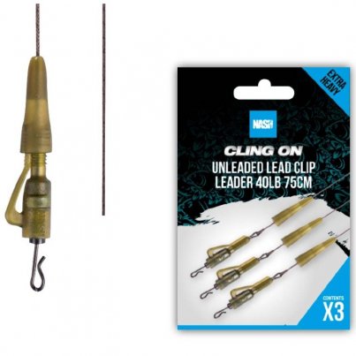 Nash Montáž Cling On Unleaded Lead Clip Leader 75cm 40lb 3ks